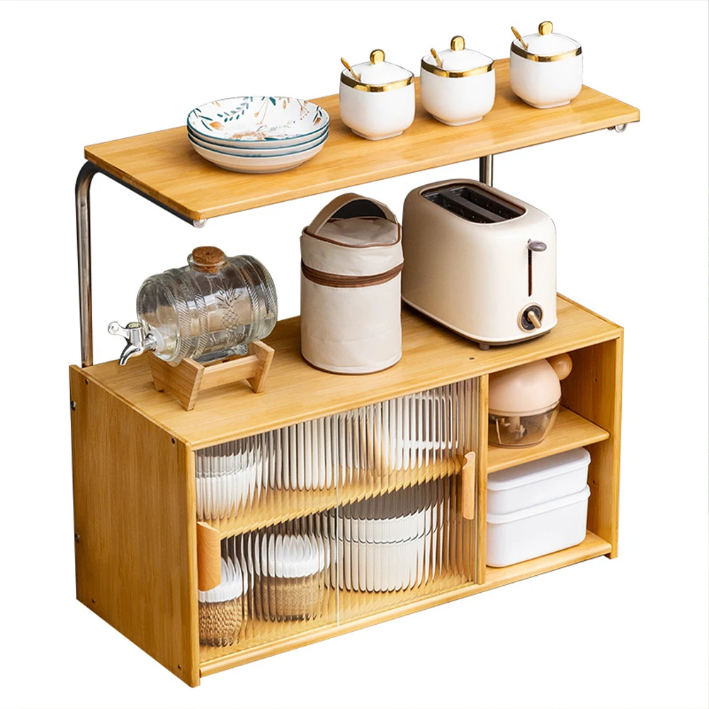 

Small Kitchen Pantry Sideboard Bamboo Pantry Sideboard with 2 Sliding Doors Tabletop Storage Cabinet for Seasoning Bottles Dish