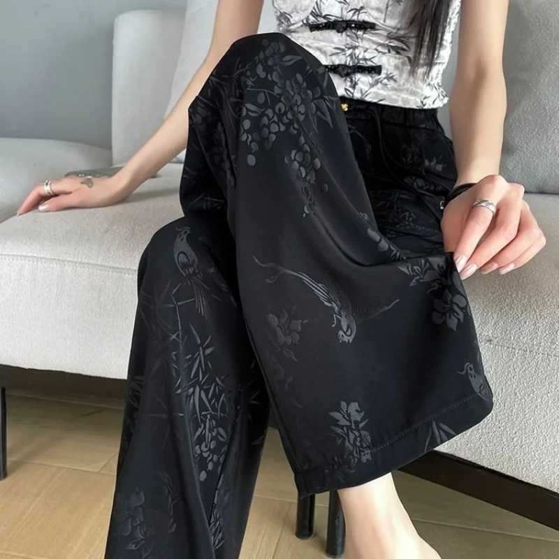 

Black Floral Print Wide Leg Harem Pants with Drawstring Waist Loose Fit Ankle Length Chinese Style Casual Bottoms for Women