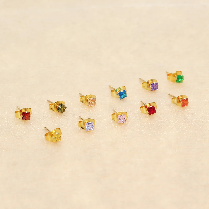 3mm Square Colorful Zircons Stainless Steel Stud Earrings Allergy-Free No Easy Fade 18 Colors For Choose Brief Style