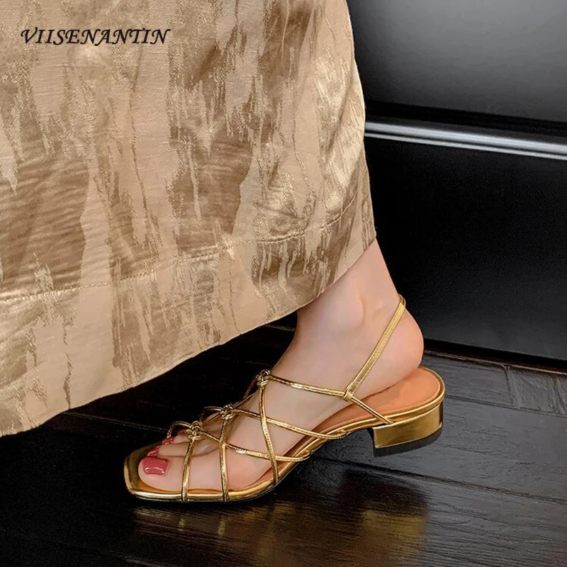 

2024 Newest Women's Sandals Weaved Narrow Band Gladiator Shoes Open Square Toe Chunky Heels Buckle Strap Summer Designer Sandals