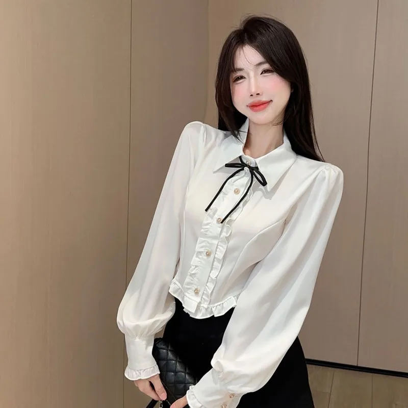 Set Blus Pinggang Tinggi Warna Putih Manis dan Pedas dengan Rok Lipit untuk Wanita, Ensemble Musim Gugur