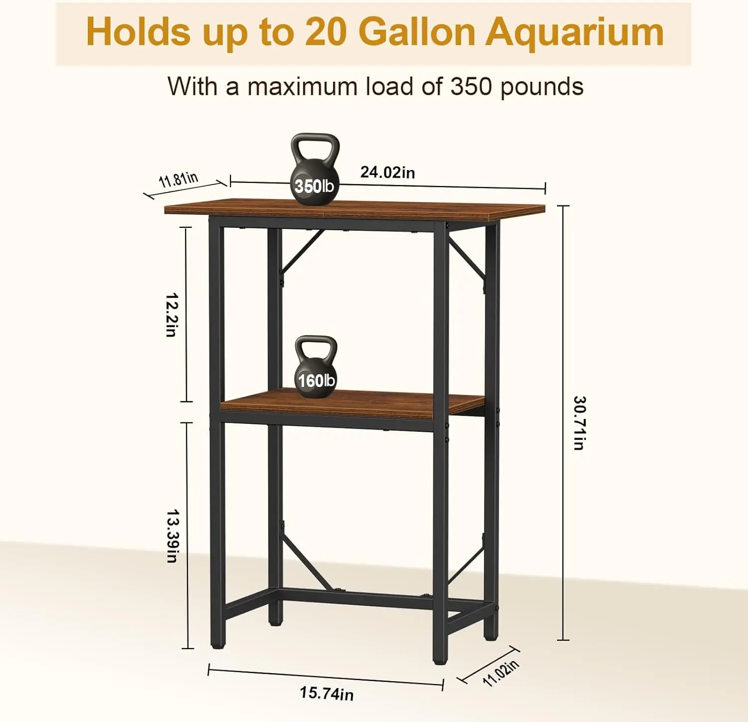 

10-20 Gallon 2-Tier Aquarium Stand Rustic Brown, Heavy Duty Fish Tank Terrarium Stand with Storage Shelves, 24" L x 11.81" W x 30.71" H for Home Office