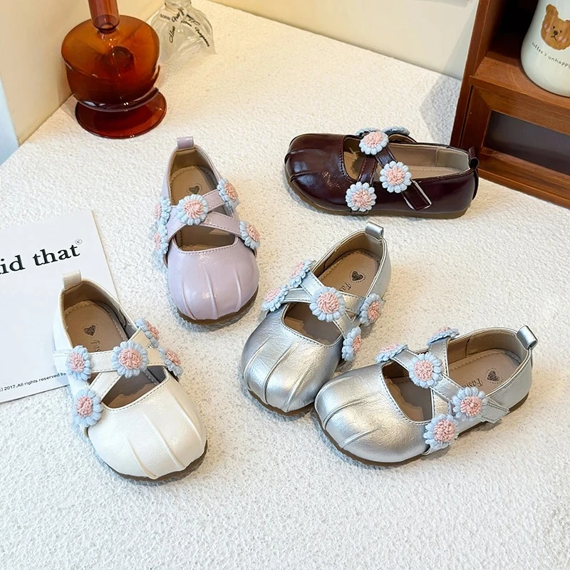 Floral Embroidery Purple Leather Ballerina Shoes Kid Girls Cross Strap Ballet Flats Baby Child Wedding Party White Flower Shoes