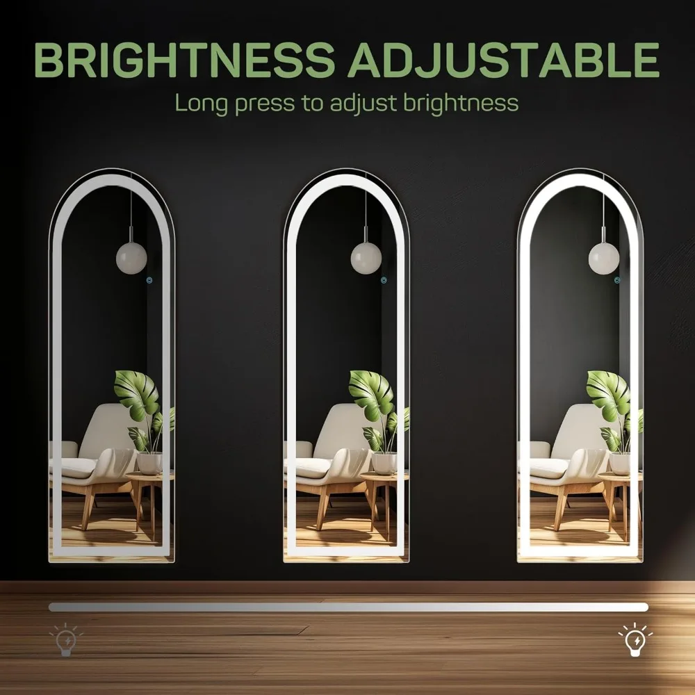 مرآة أرضية مقوسة مضيئة بإضاءة LED، مرآة حائط مائلة طويلة 16 × 60 بوصة مع حامل، مرآة جسم كاملة الطول