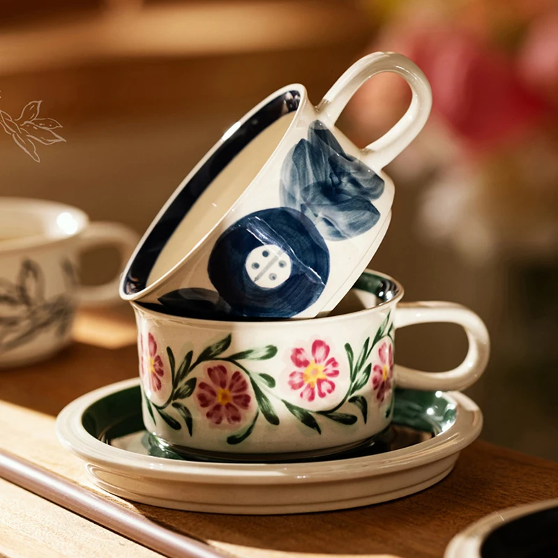 Ceramic coffee cup and saucer set, high-end and exquisite medieval style cup, mug, high-looking afternoon tea cup