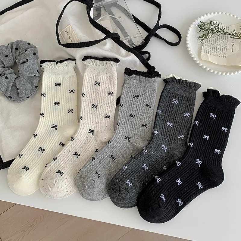 

5 пар женских весенне-осенних новых носков средней длины с узлом-бабочкой, дышащие, впитывающие пот, простые удобные повседневные носки