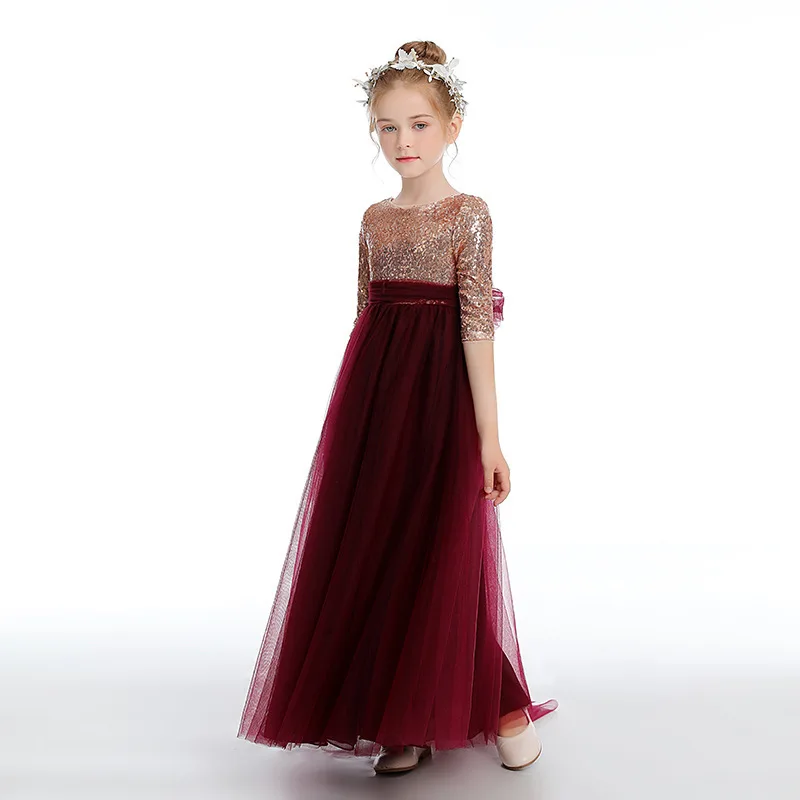 New Baby Girls Dress Sequin Princess Gown Piano Performance Dress Burgundy Elegant Toddler Host Dresses for Eids Kids Clothes