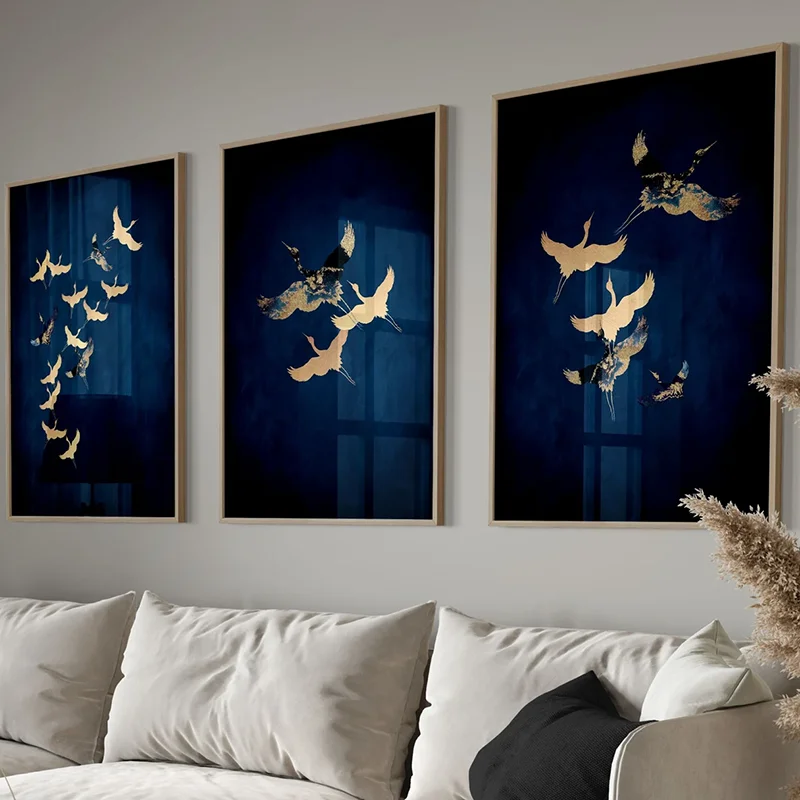 Juego de 3 Cuadros Decorativos sin Marco, Diseño de Grúas Japonesas en Azul Oscuro, Decoración Japonesa, Impresión de Aves Tsuru, Póster para Dormitorio