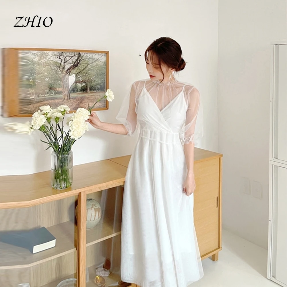 

ZHIO White Korean Selfie Wedding A-line High Neck Sheer Outdoor Shooting Sleeveless Organza Customized Dresses Engagement Party