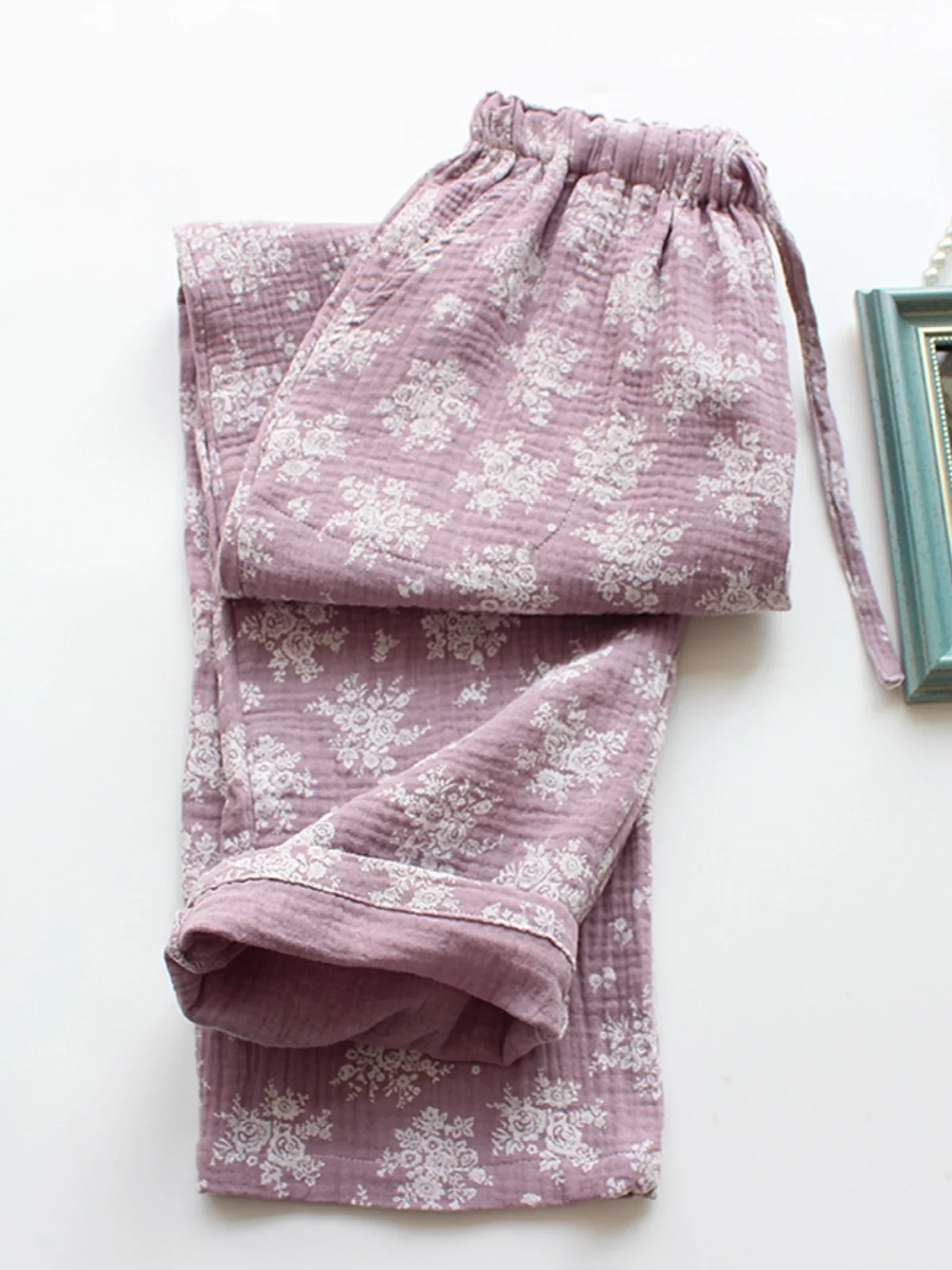 New Women's Spring Autumn Pure Cotton Shantung Sleepwear Thin Double Layer Cotton Yarn Casual Home Pants Long Loose Floral
