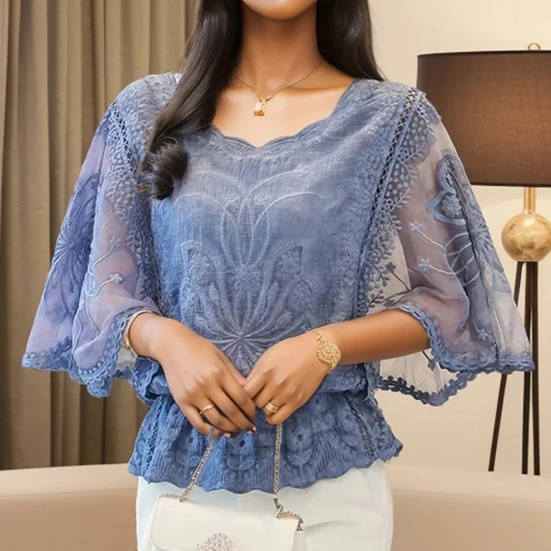 

GELITAYIN Summer Loose Lace Blouse Women 2025 Butterfly Sleeve Chiffon Shirt Woman Fashion Casual Floral White Shirt Tops Blusas