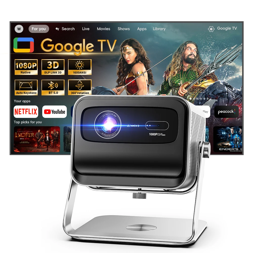 Smart Portable Android 13 DLP Projector 1080P Native 2G RAM 3D Ready 4K Support Google TV Wi-Fi & Adjustable Stand