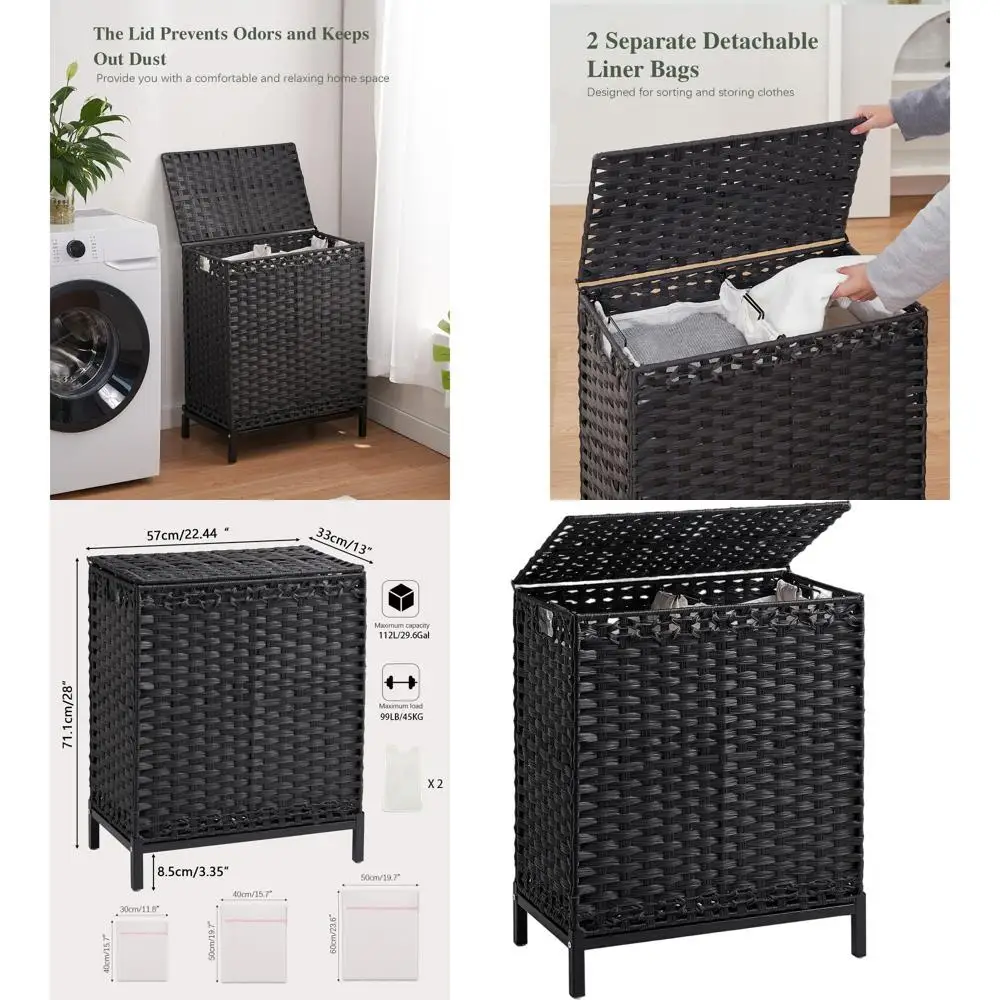 

Плетеная корзина для белья из ротанга с крышкой, объем 112 л, 2 съемных вкладыша, 6 сетчатых карманов, с отделениями для одежды и ванной комнаты
