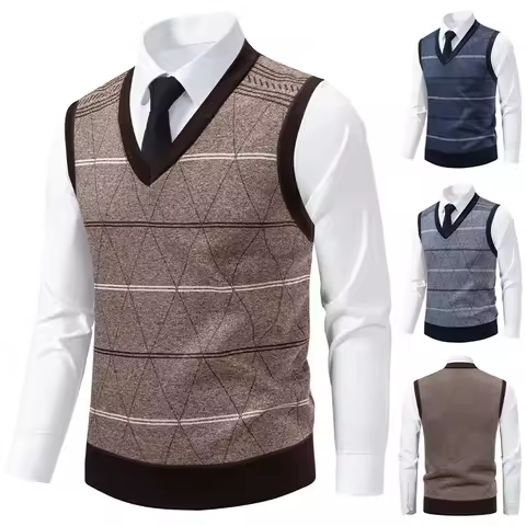 Men's Knitted Warm Sweater in Autumn and Winter V-neck Vest Diamond Grid Twisted Flower Casual Fashion Versatile Top