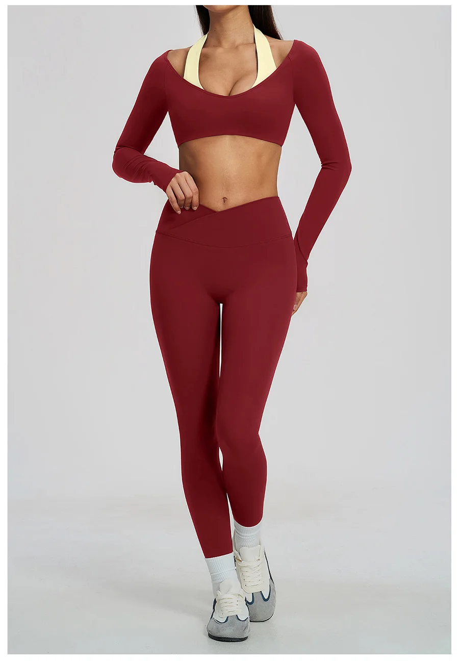 Yoga-Set 2-teilig, Fitnessbekleidung, Trainingsanzug, Lauf-Sportbekleidung, Outfit, hochtailliert, weites Bein, langärmeliges Crop-Top – Detail 4