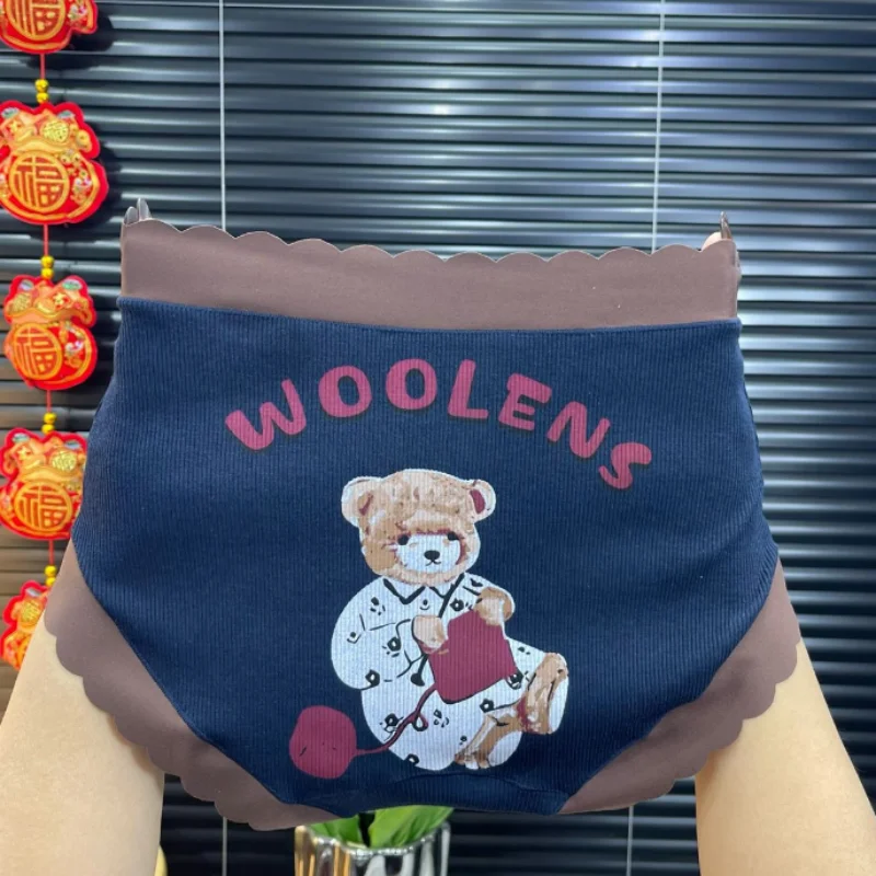 Large Size Cartoon Women Cute Underwear Breathable Comfortable Printed Soft No Trace Briefs Lace Trim Butt Covering Panties