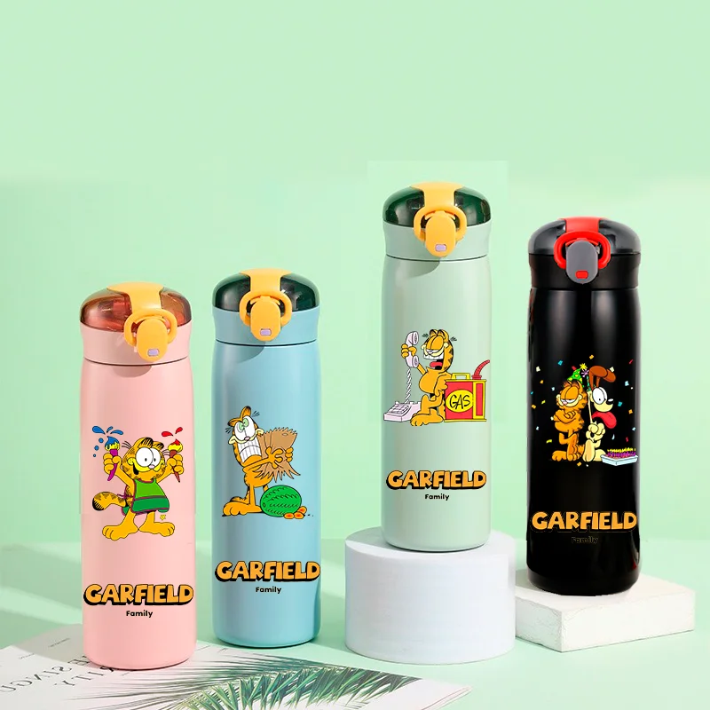 460ML Garfield Cartoon Stainless Steel Insulated Cup Portable Straw Sports Water Bottle Student Outdoor Leak Proof Water Bottle