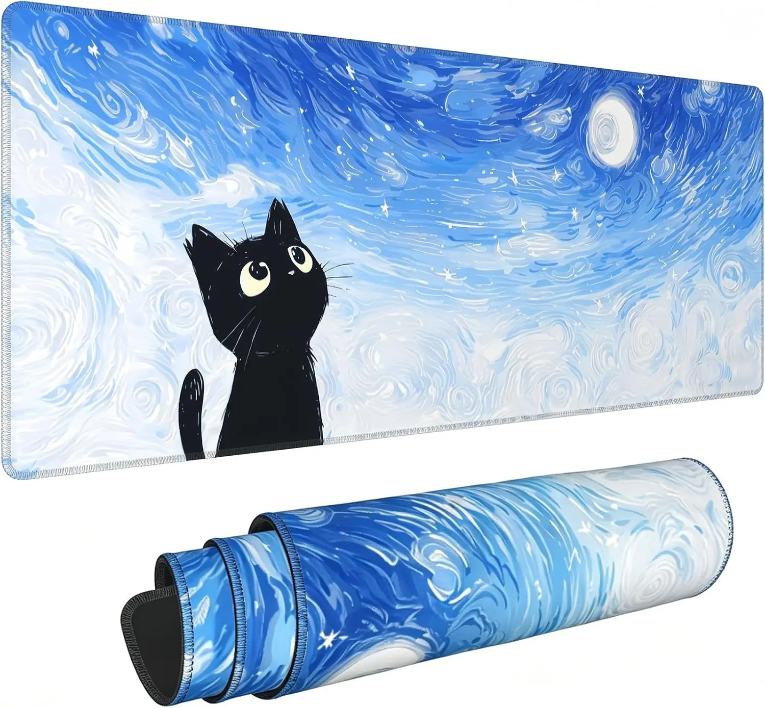 Alfombrilla de ratón con diseño de gatito de dibujos animados y cielo estrellado, suave, con motivos artísticos de lunas y estrellas en tonos azules, antideslizante, ideal para escritorios de jugadores, oficinas y hogares.