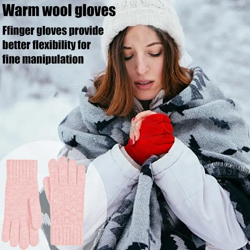 Knit Lining Warm Gloves Outdoors Windproof Knitting Gloves Checkered Design Warm Cold Weather Gloves For Skiing Snowboarding