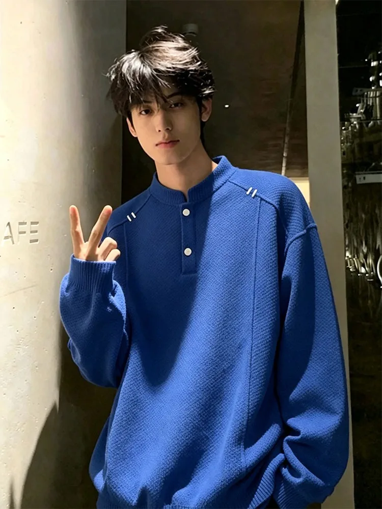American Style Long Sleeve T-Shirt Men's Spring Autumn Henry Collar Design Casual Sweatshirt Harajuku Style Sports Leisure Top