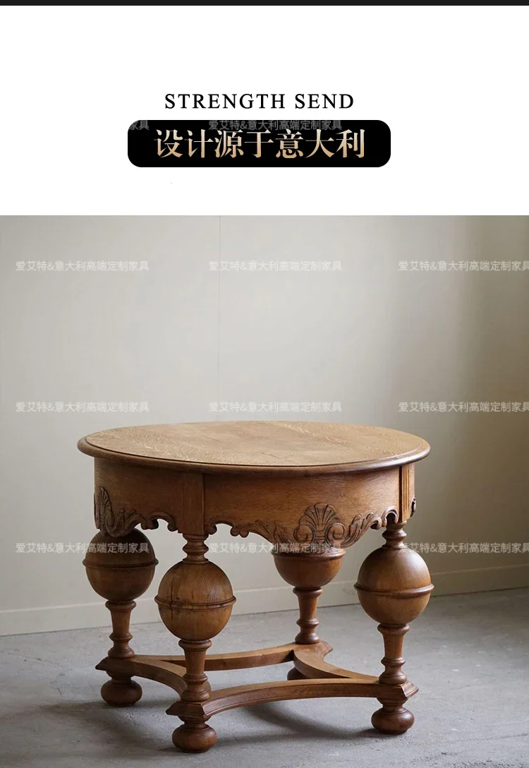 

American retro round edge few medieval coffee table European carved round, solid wood bedside table old small side cabinet