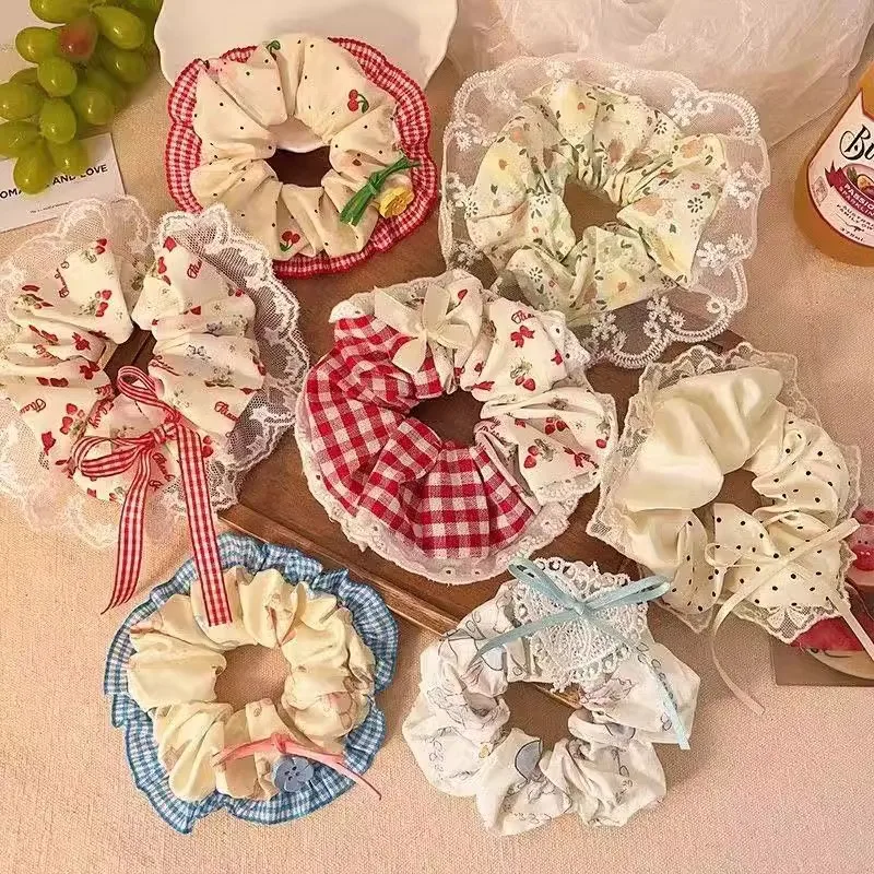 

Кружевные веревки для волос с цветочным принтом для девочек, корейские милые милые клетчатые эластичные резинки с бантом, модные универсальные головные уборы, аксессуары для волос