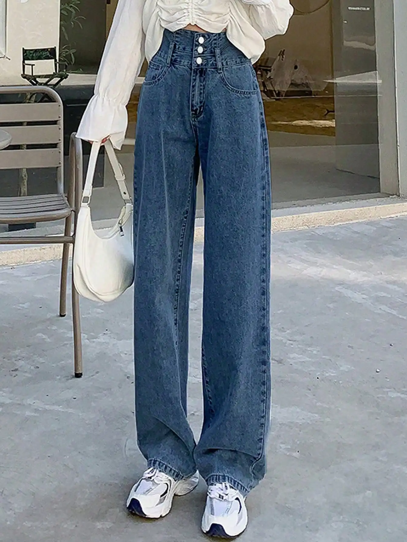 Coreano chique 2025 início do outono duas cores moda marca de couro duplo botão reto casual jeans de cintura alta para mulher