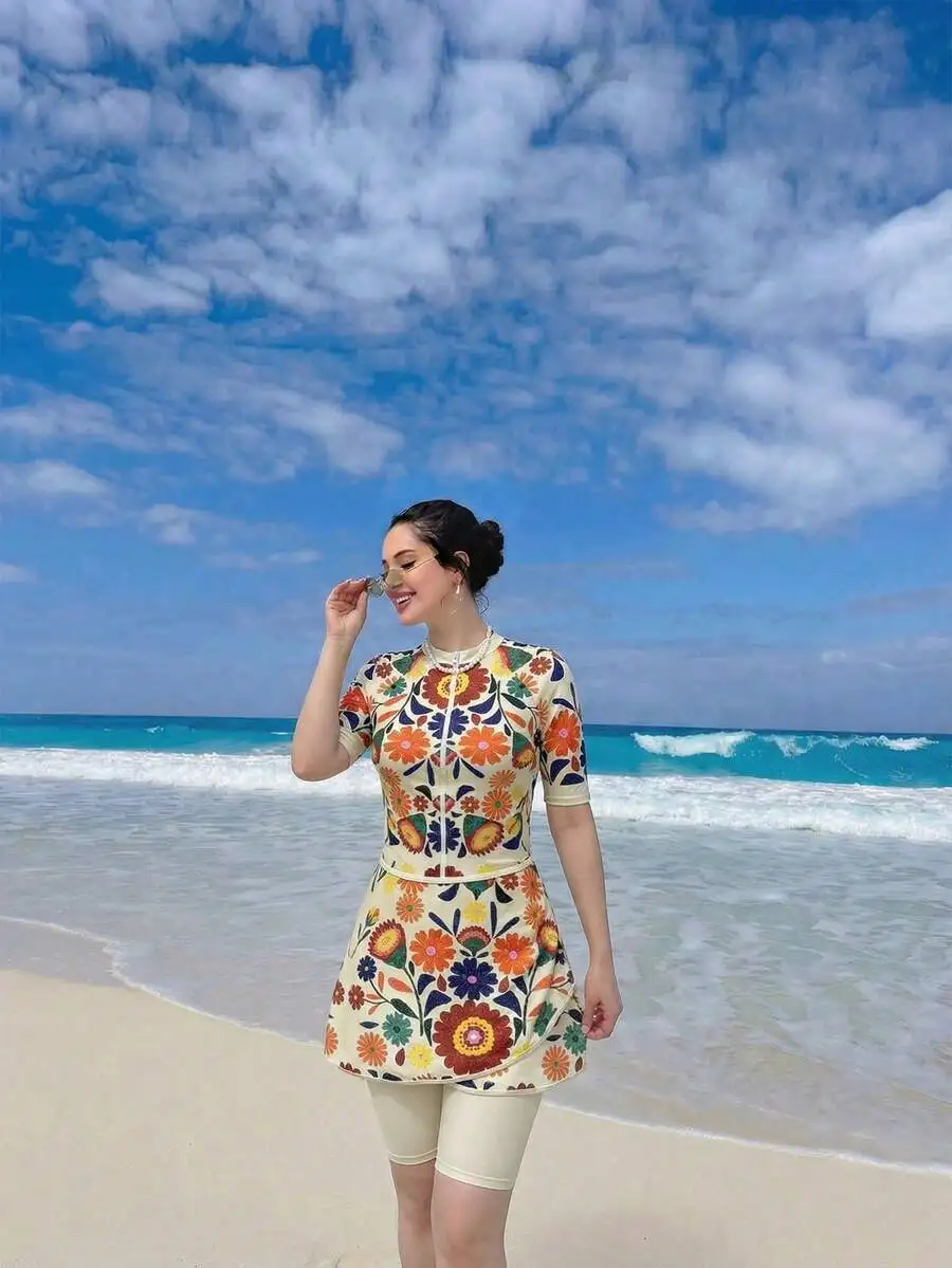 

Womens Floral Print Zipper Short Sleeve Swim Top With Bermuda Shorts And Mini Skirt 3-Piece Set