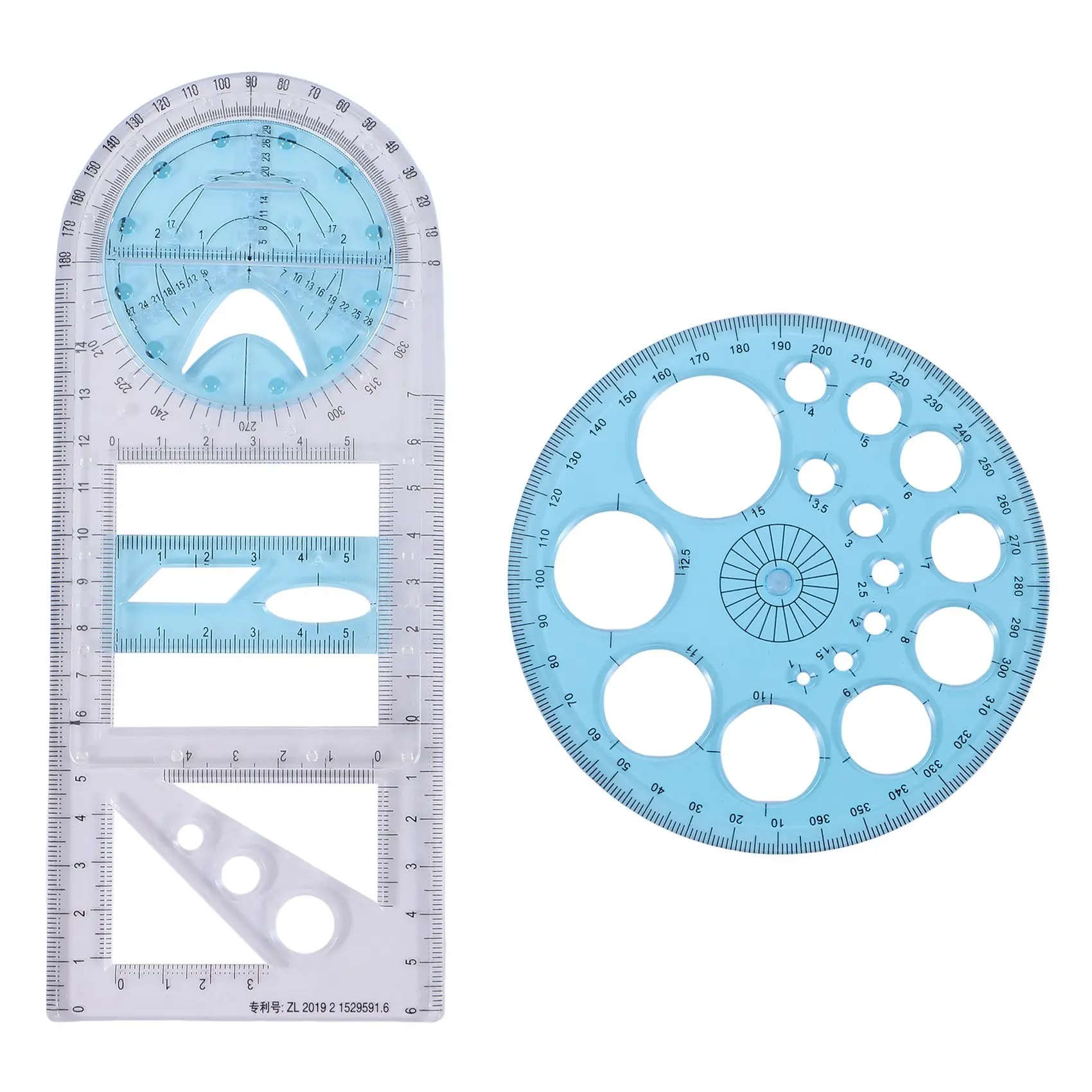 ●2 Pcs Multifunctional Geometric Ruler Plastic Circle Drawing Tool Drafting Templates Clear Graphic Design Tools