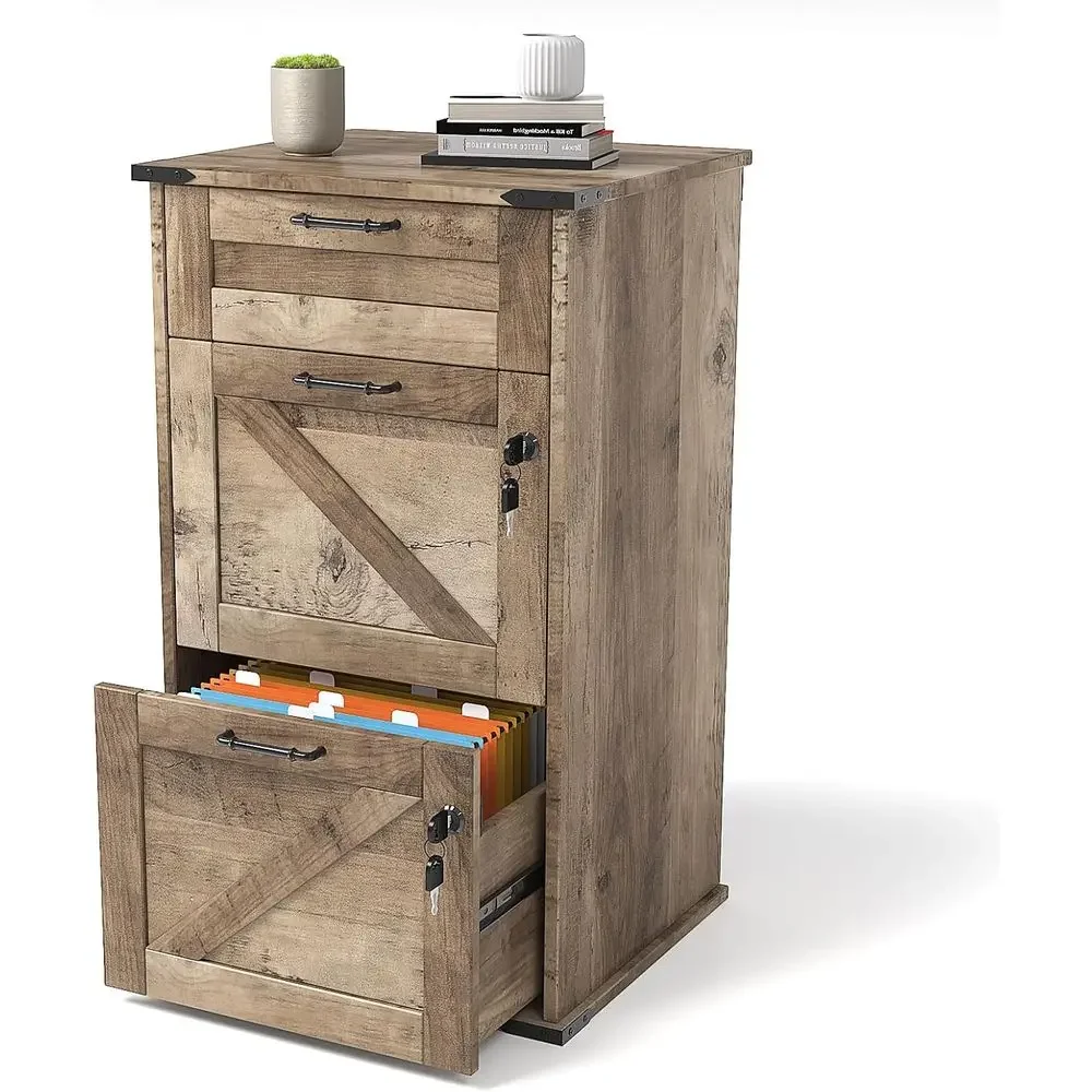Letter Size Vertical Wood Filing Cabinet with Lock, Rustic Gray Office Storage Organizer