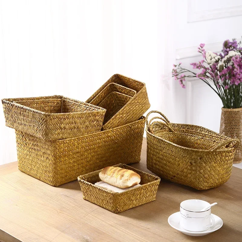 Rectangular Hand-Woven Wicker Basket Fruit Storage Box Home Decorative Supplies Items Bathroom Cosmetics Organization