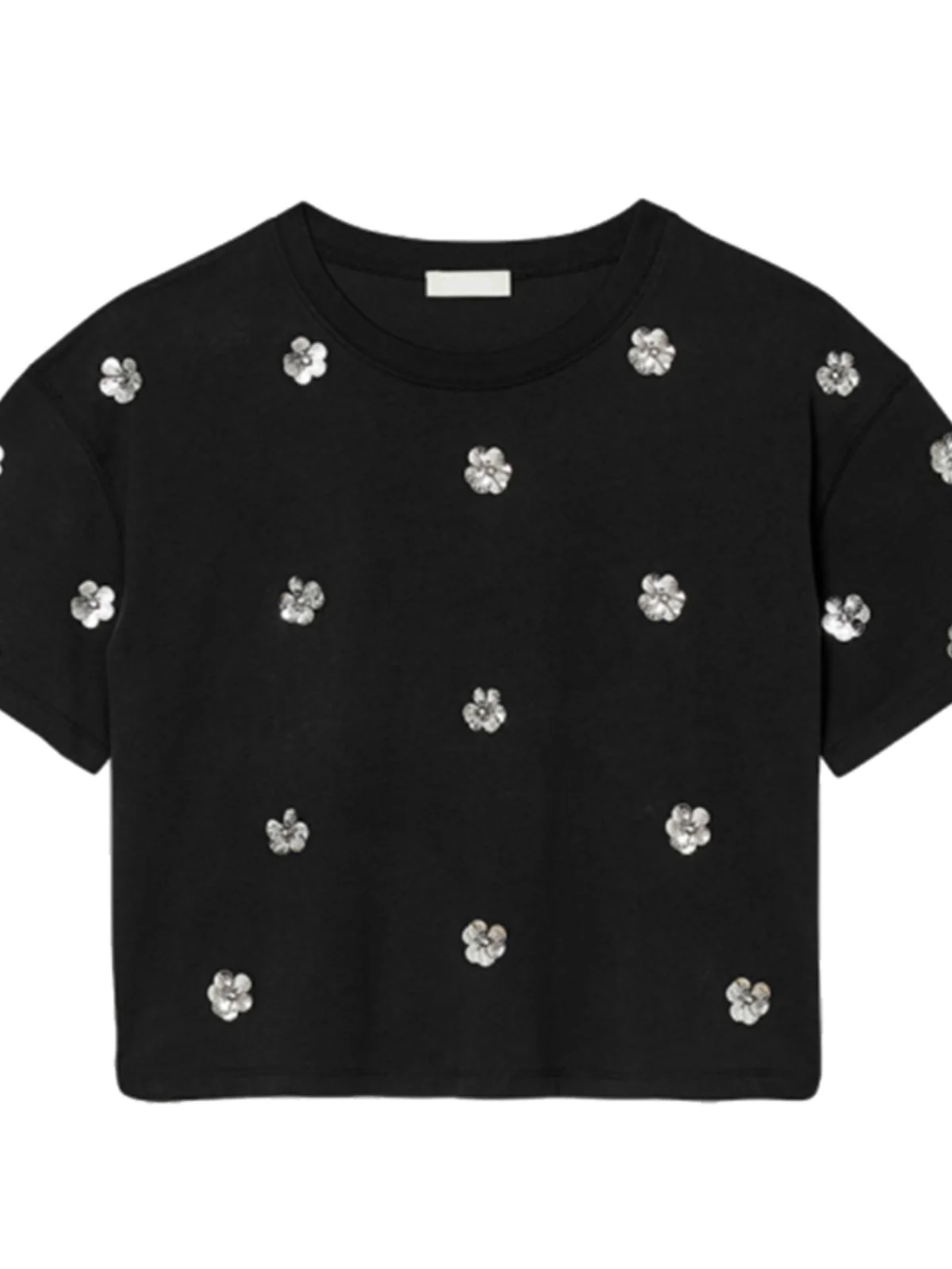 Ele Bla Gestricktes T-Shirt Damen Sommer New Sle Glitter Flower Top Baumwolle ort Sve rund Ne ort Länge Straigh...