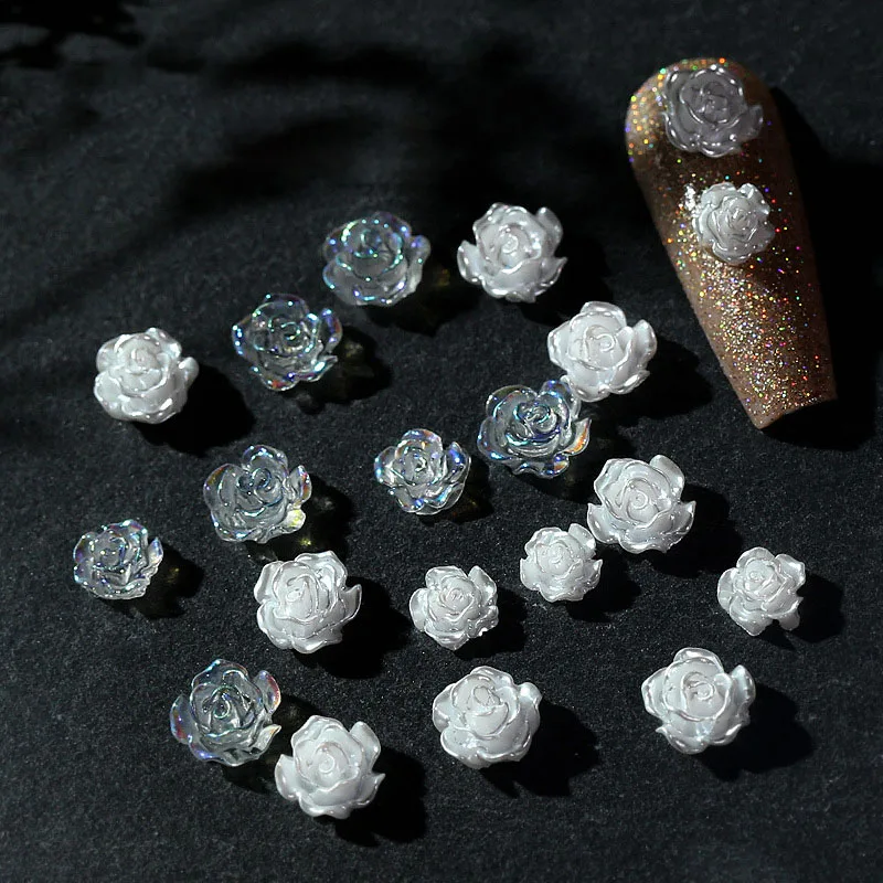 

Mix 50PCS 6/8/10MM White Rose Flowers Charms For Wedding Nail Art Decoration 3D Resin Aurora And Glazed Petal Flower Pearl Beads