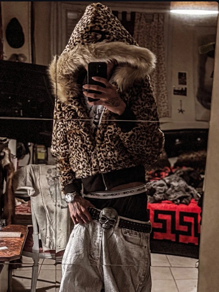 Pelzmütze mit Leopardenmuster für Herbst und Winter, neue Unisex-Hoodiejacke, Kapuzenoberteil, warmes Außenshirt