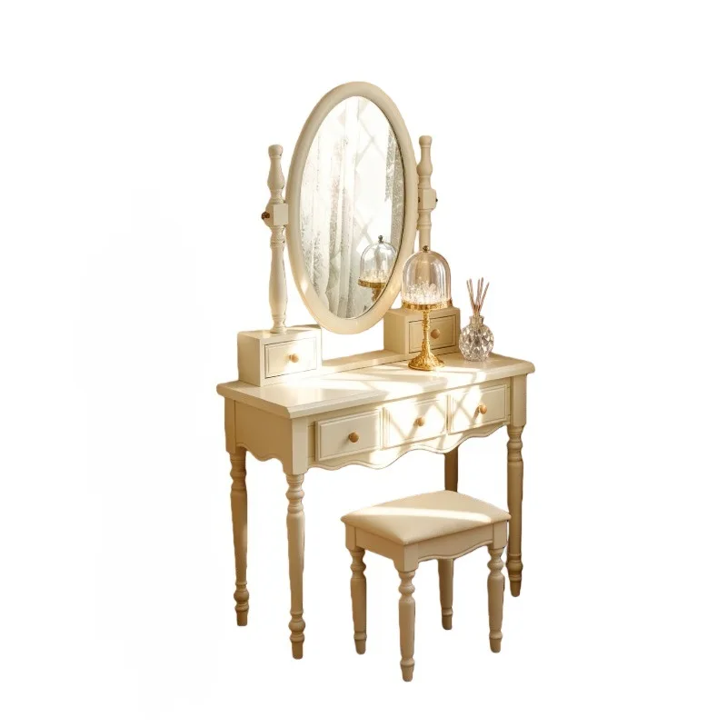 

French white all solid wood dressing table American dressing table with round mirror
