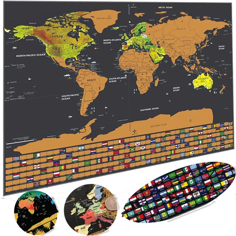 Deluxe Globel Scratch Maps with flag background - Travel Scratch Off Maps with Colourful Country, Cities, Landmarks, Cartography