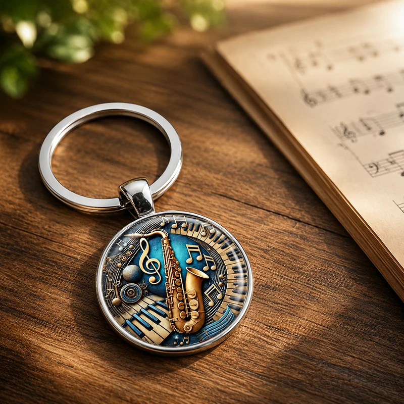 Retro Treble Clef Glass Keychain With Piano Pattern Round Pendant For Music Lovers Teachers Students Men Women Gift Souvenir