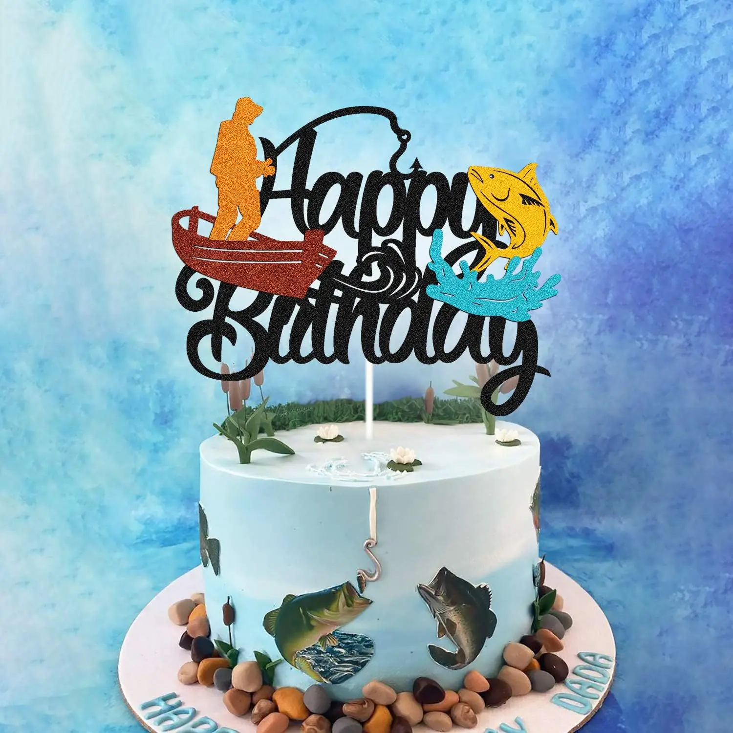 Cake Topper Fish Go Fishing Fisherman Fisher Boat Man Happy Birthaday Kids Party Cupcake Toppers Decoration Baking Supplies DIY