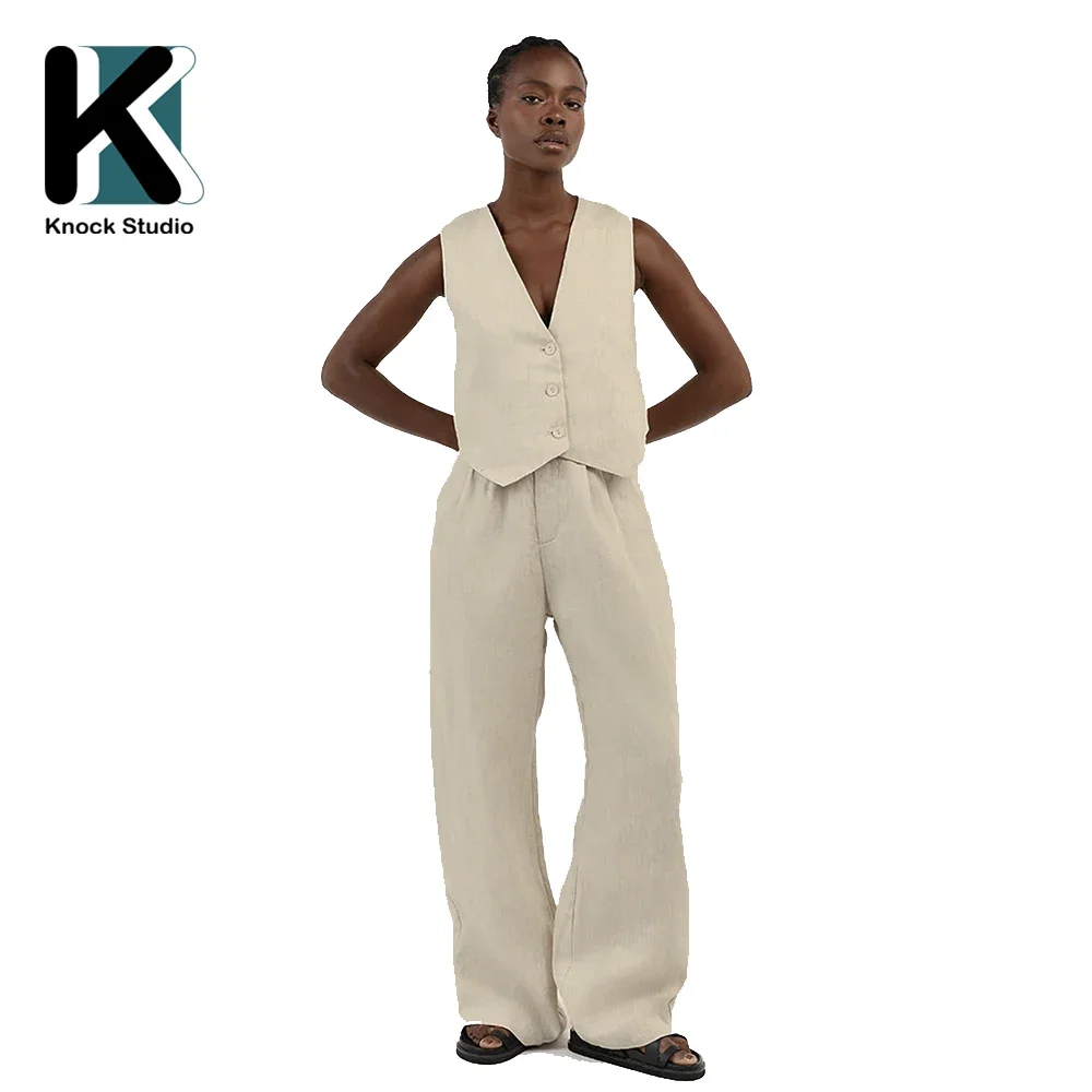 Knock Classic Fashion White Linen Two Pieces Set for Women Sleeveless Vest Matching Set High Waist Wide Pants Female Clothing