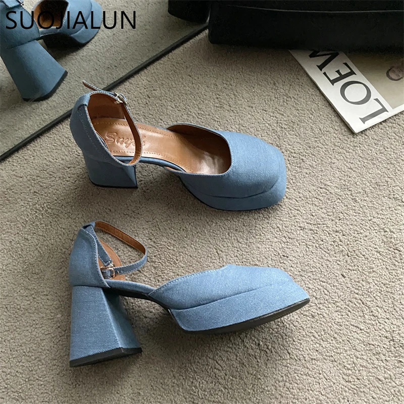 SUOJIALUN 2023 Spring New Brand Women Sandal Shoes Fashion Round Toe Close Toe Ankel Strap Mules Square High heel Dress Pumps