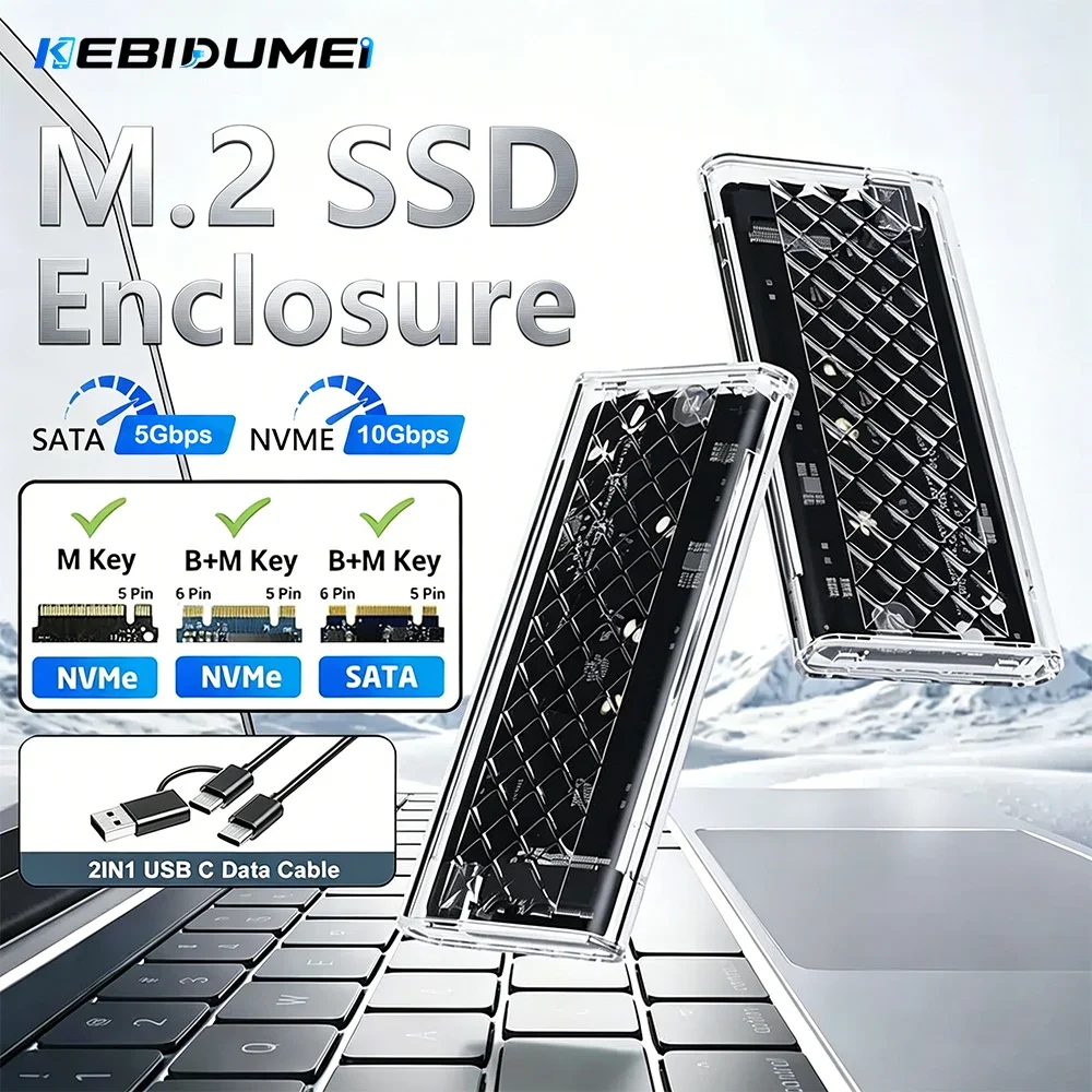 Kebidumei M.2 NVMe SATA SSD Enclosure External SSD Case Adapter 10Gbps USB 3.2 Gen2 Transparent RGB Light Support M and B&M Keys