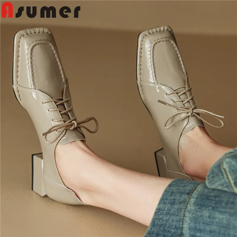 ASUMER 2023 New Size 33-40 Patent Leather Shoes Woman Office Ladies Dress Pumps Narrow Band Square Med Heels Shoes