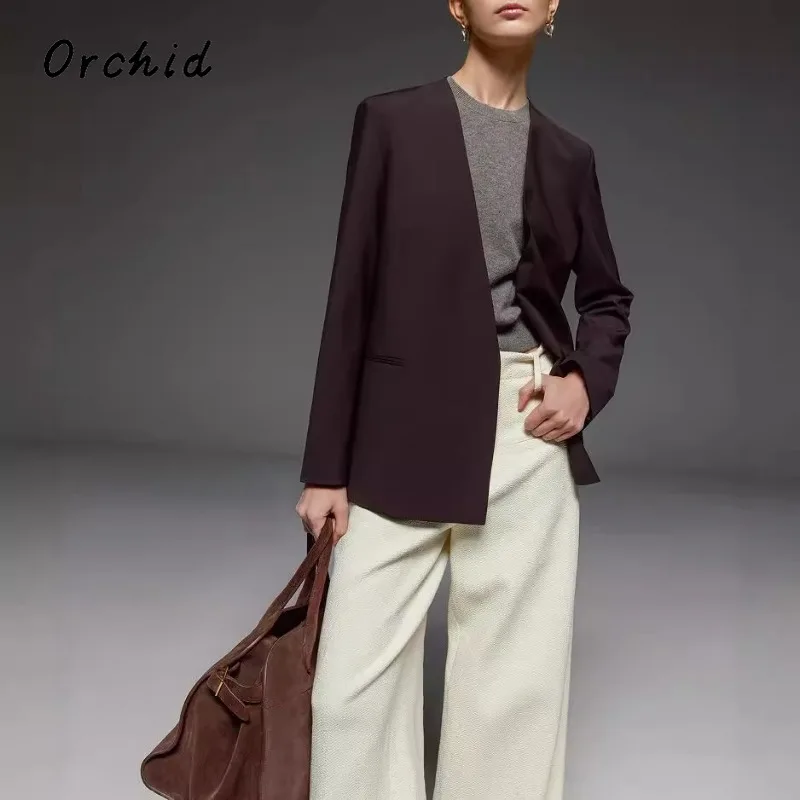 Blazer Normcore à manches longues et col cranté pour femme, Style Vintage, décontracté, bouton unique, col en v, manteau de couleur unie