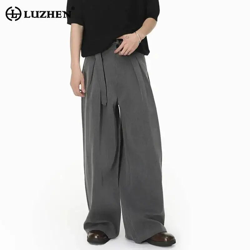 LUZHEN 2026 New Solid Color Fold Placket Design Loose Straight Casual Pants Men Trendy Elegant Handsome Wide Leg Trousers JY6624