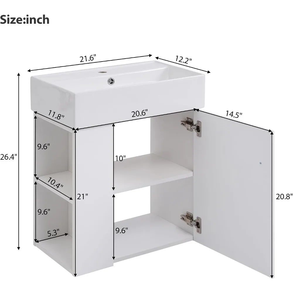 Wall Mounted Bathroom Vanity with Ceramic Sink, White Floating Storage Cabinet with Doors and Shelf