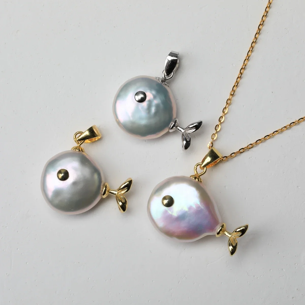 Handmade Natural White Button Water Droplet Freshwater Baroque Pearl Small Fish Pendant S925 Sterling Silver Necklace Jewelry