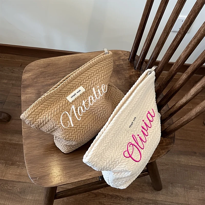Embroidered Name Wheat Pattern Woven Handbag, Lightweight Vintage Style Summer Tote Bag, Ideal Gift for Vacation Beach Daily Use