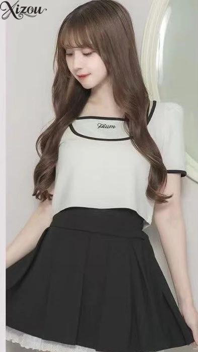 2025 conjunto de falda de mujer de cintura alta A-line Mini Y2K Primavera Verano Casual coreano japonés Patchwork camisa de manga corta traje plisado