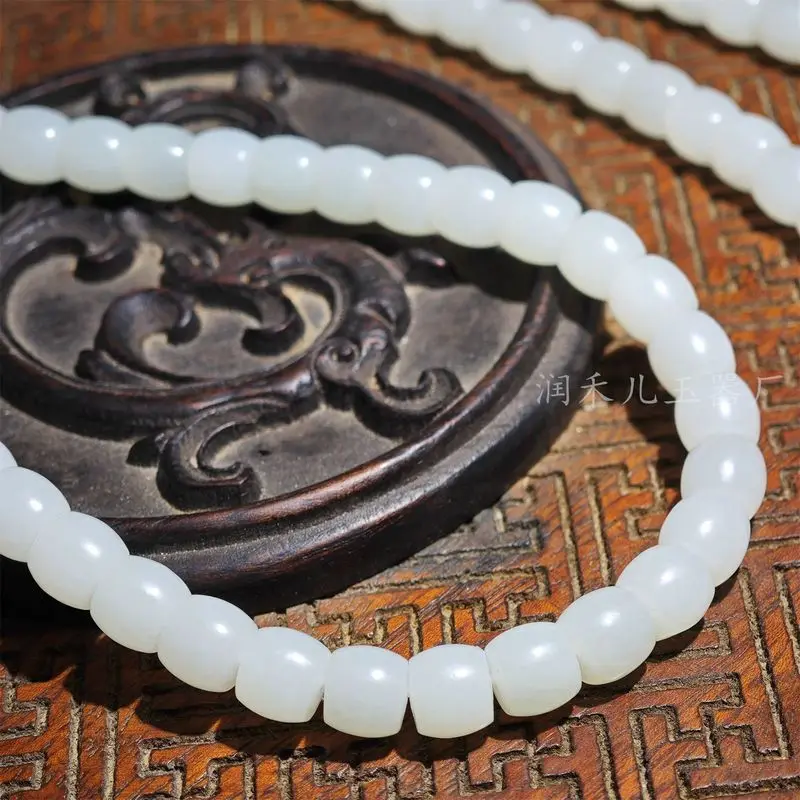 Hetian White Jade 7X8Mm Vintage Style 108 Beads Necklace High Oil Luster Multi-Strand Bracelet