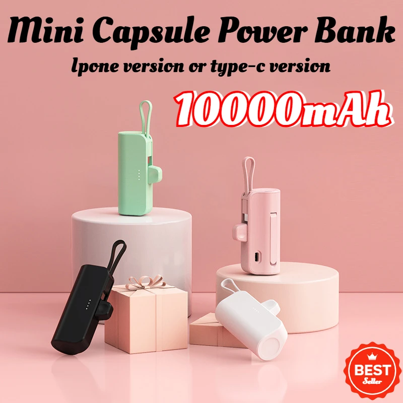 New Mini Large-capacity Metal Capsule Power Bank 5000mAh Portable Shared Power Bank Built-in Cable Suitable for Ipone Xiaomi